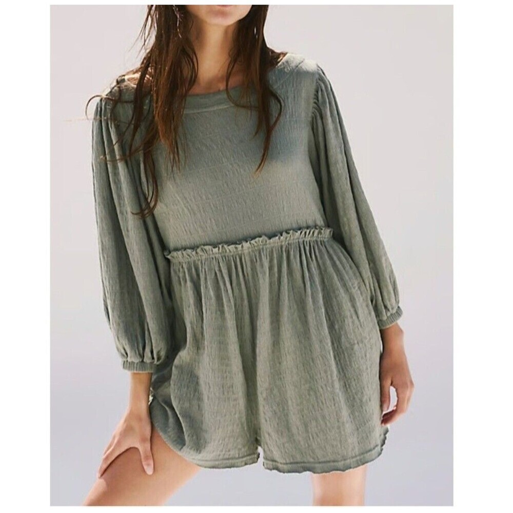 Free‎ People FP Beach Long Sleeve Gauze Romper Sage Green Small OB1085731